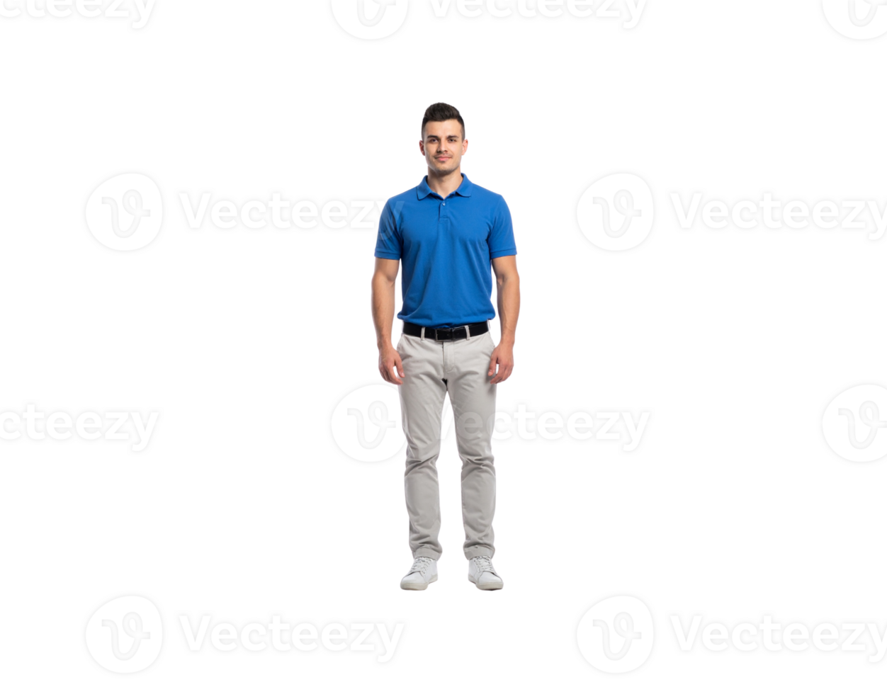 Standing Man in Blue Polo Shirt and Gray Pants with White Shoes. png