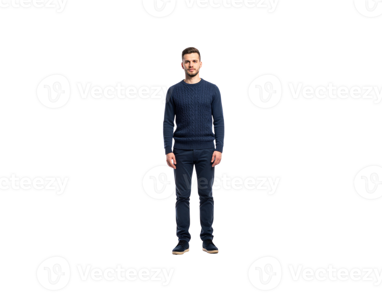 Fulllength portrait of a man in a blue cableknit sweater and matching pants. png