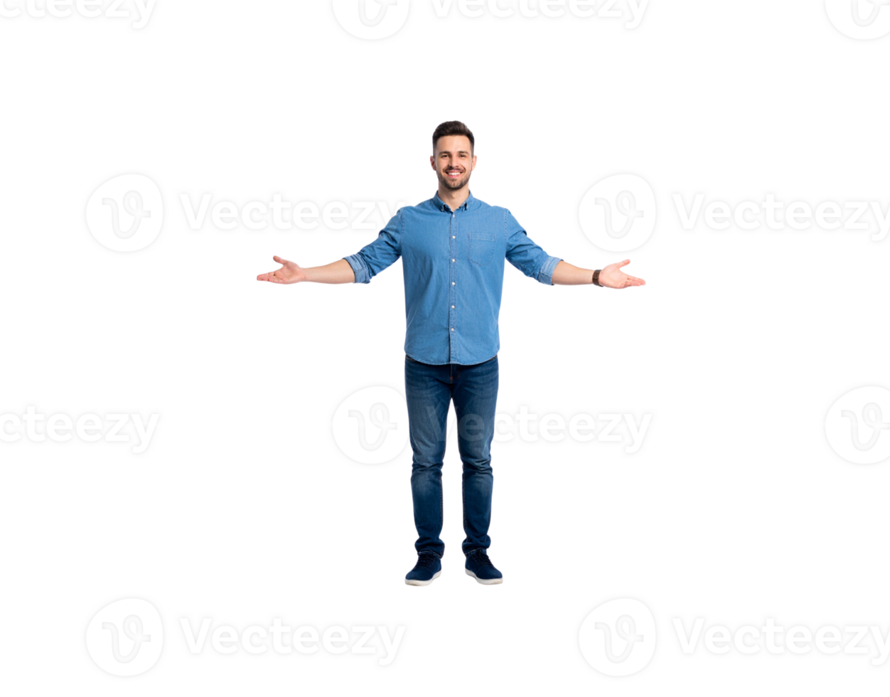 Smiling Man in Denim Outfit with Open Arms Gesture. png