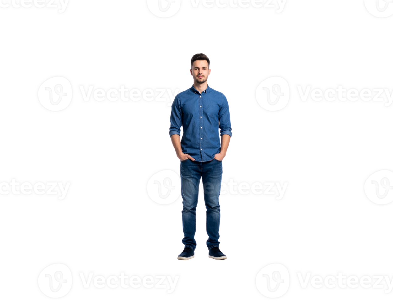 Full Shot of Man in Denim Outfit with Hands in Pockets. png