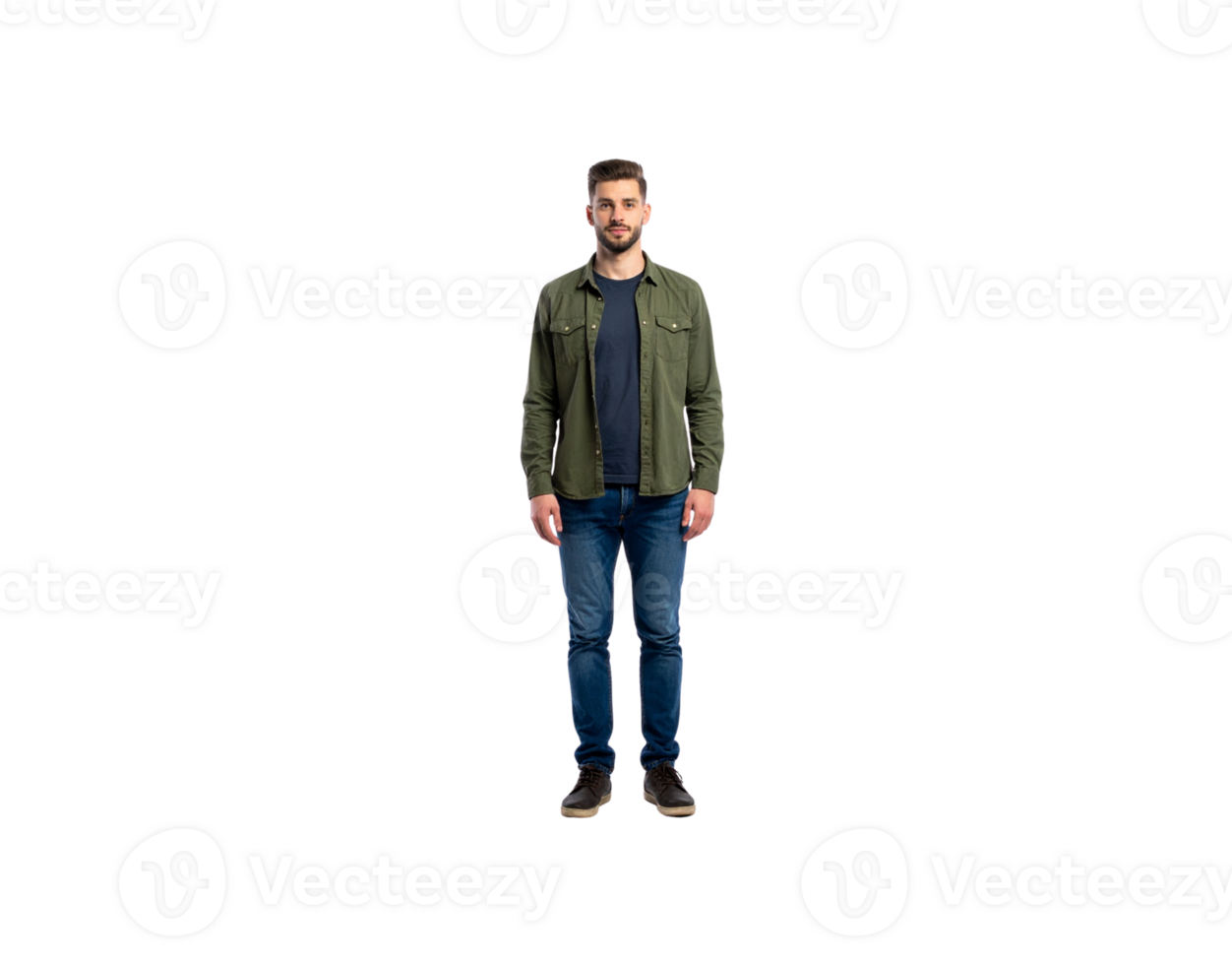Full Shot of a Man in Jeans and Green Shirt Smiling. png