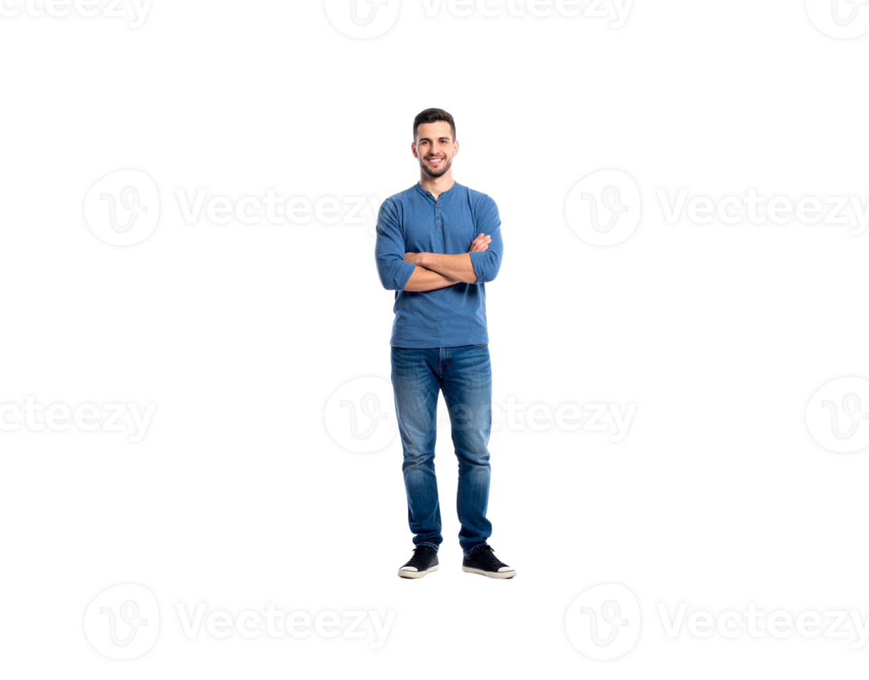 Smiling Man in Blue Shirt and Jeans with Arms Crossed. png