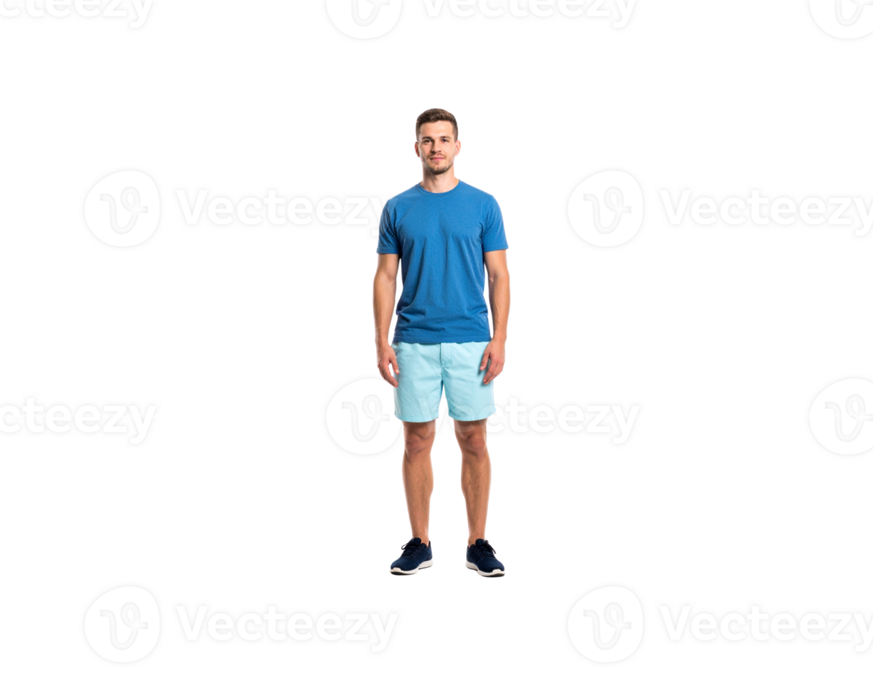Standing Man in Blue TShirt and Light Blue Shorts. png