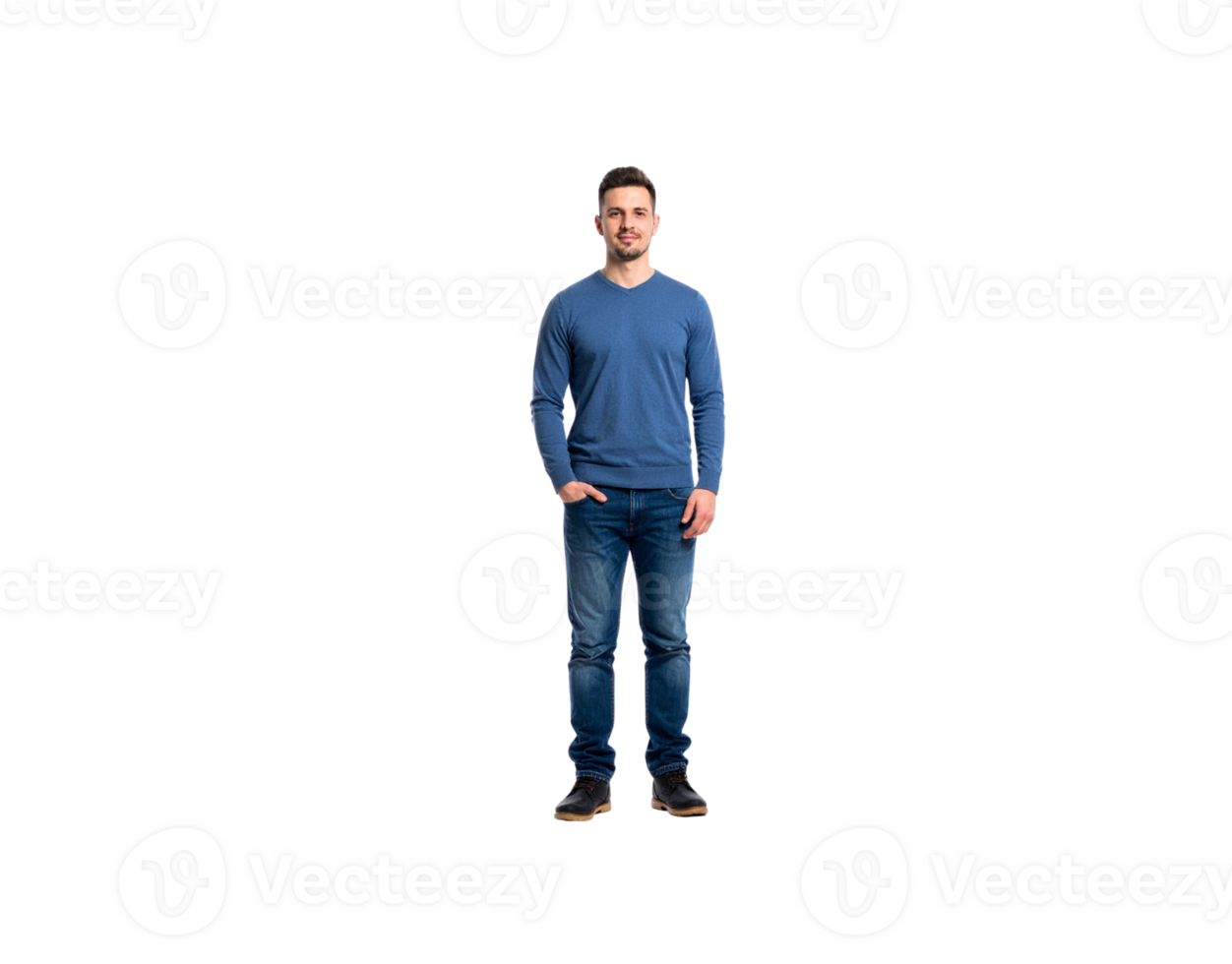 Fulllength portrait of a smiling man in blue sweater and jeans. png