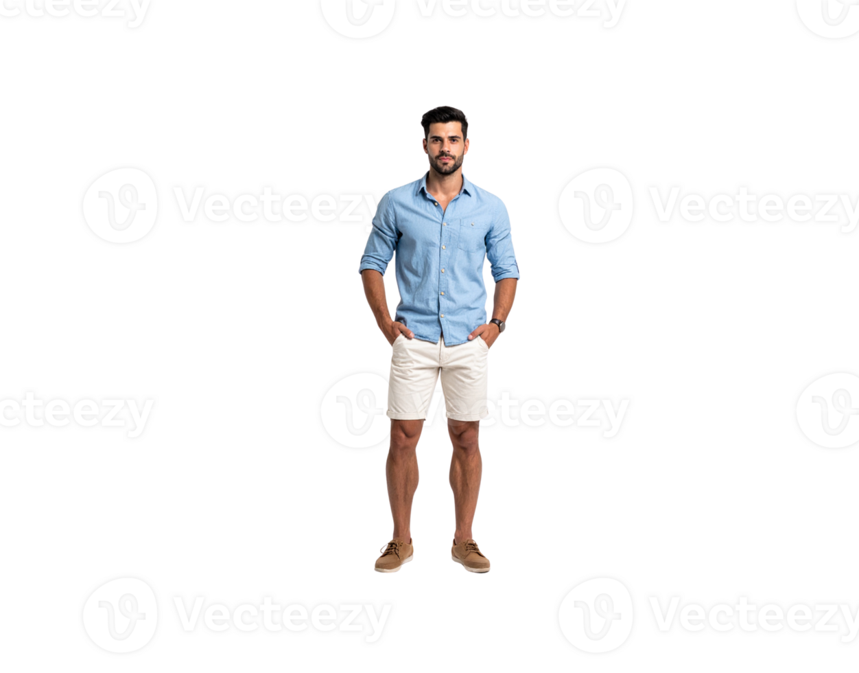 Handsome man in light blue shirt and white shorts hands in pockets. png