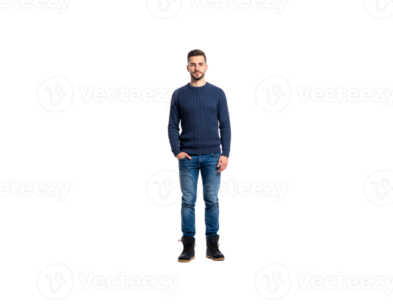 Standing man in blue cableknit sweater jeans and boots. png