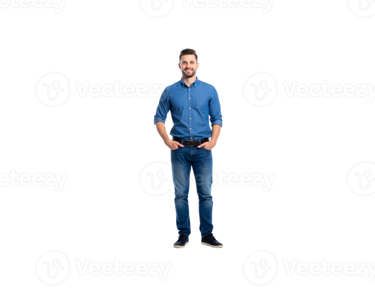 Smiling Man in Denim Shirt and Jeans Hands in Pockets Full Shot. png