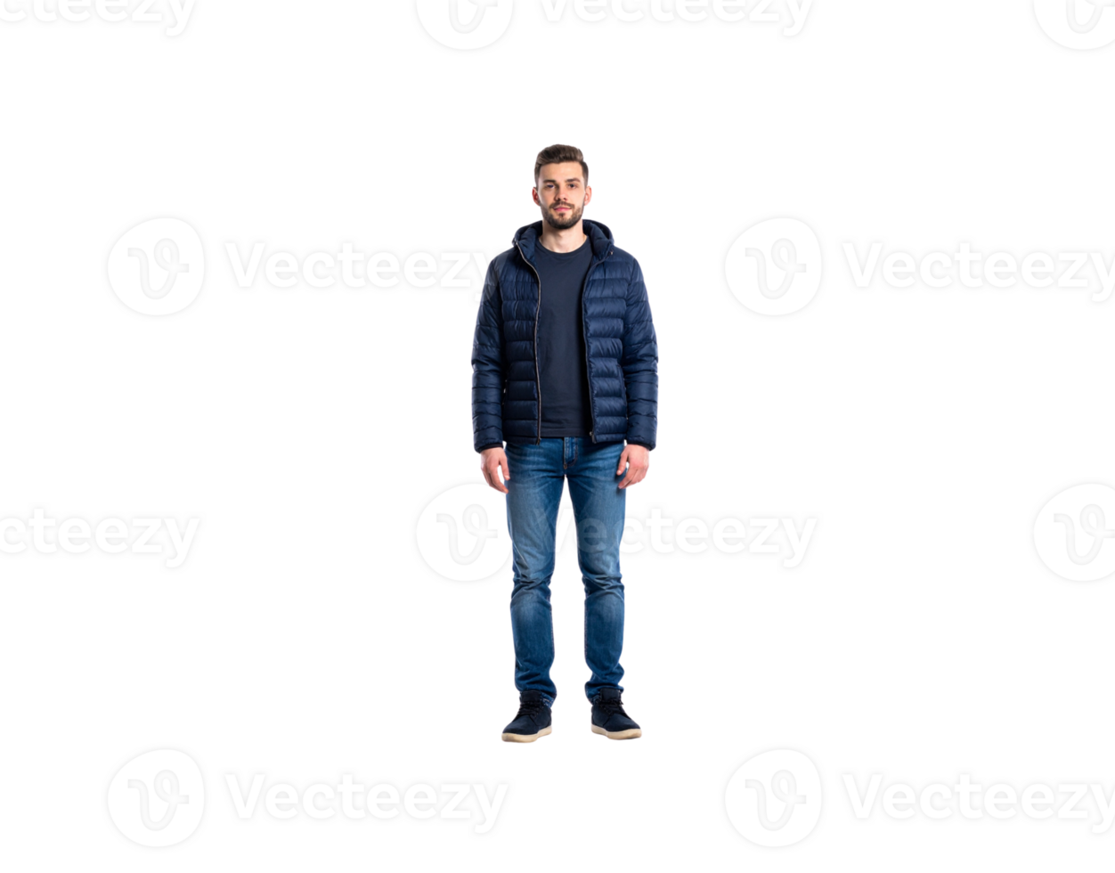 Fulllength shot of a man in a blue puffer jacket and jeans. png
