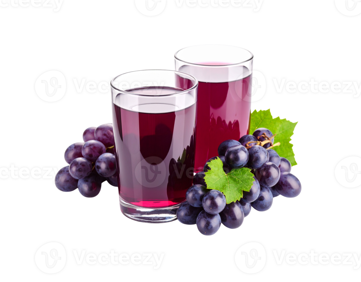 Two Glasses of Dark Red Grape Juice with Fresh Grapes and Leaves. png