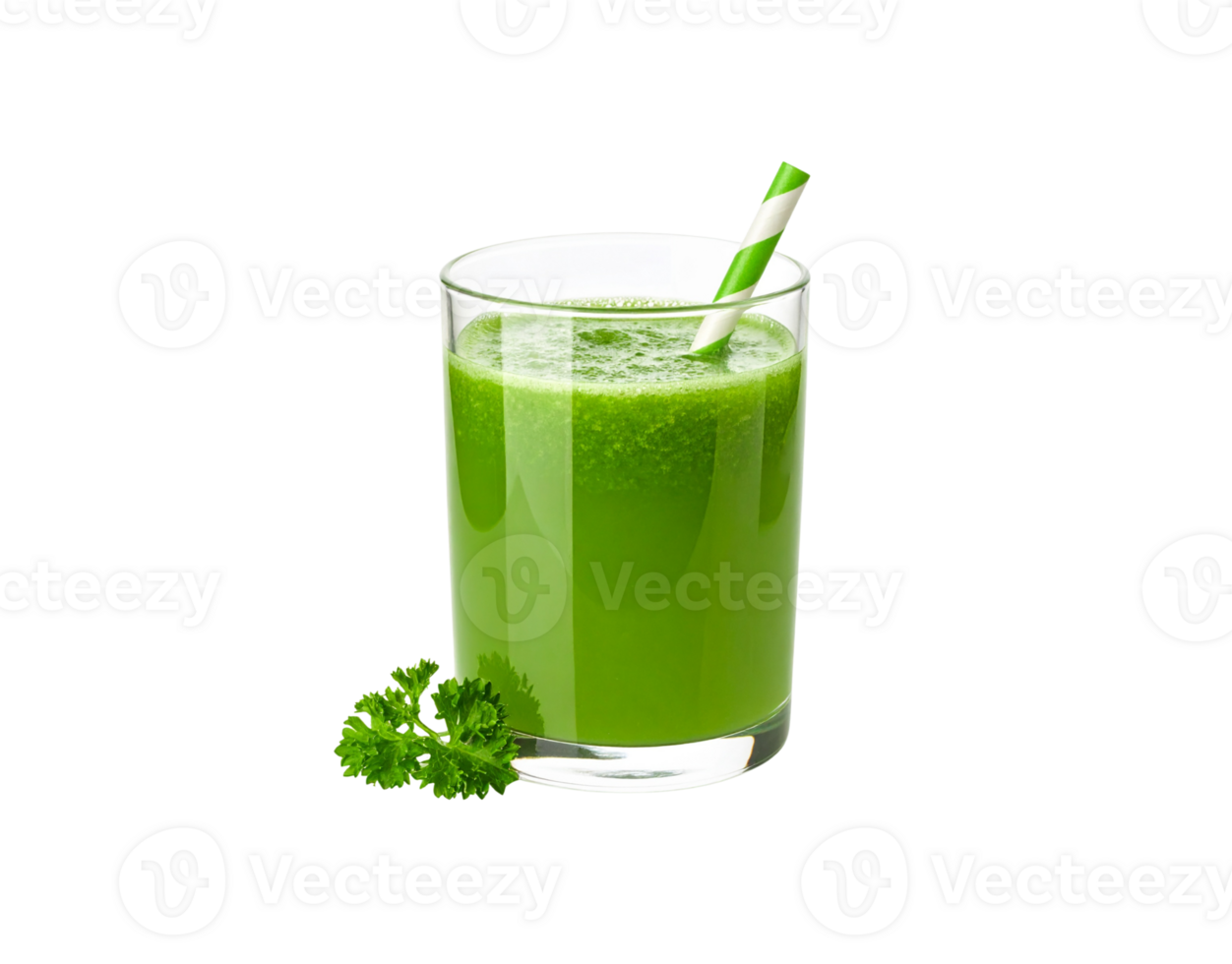 Refreshing Green Smoothie in Glass with Striped Straw and Parsley. png
