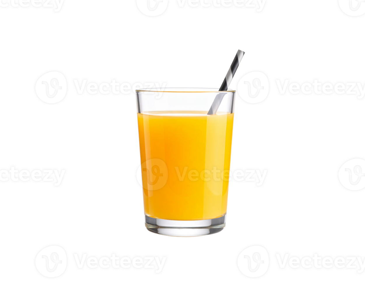 Refreshing Orange Juice in Glass with Striped Straw on Black Background. png