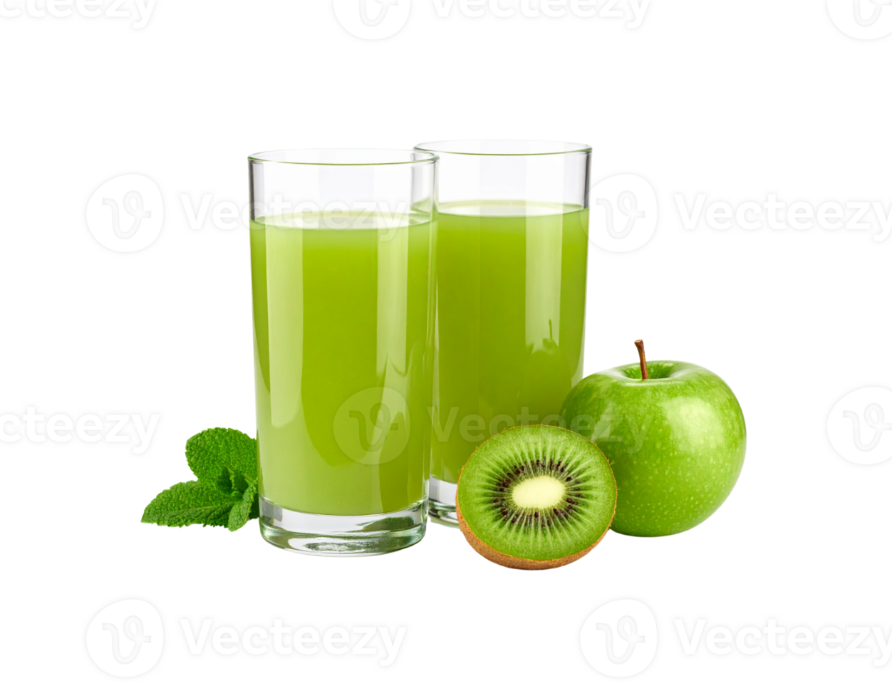 Two Glasses of Green Juice with Apple Kiwi and Mint Leaves. png