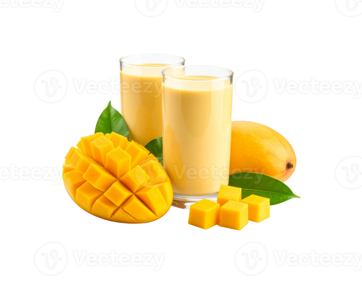 Refreshing Mango Lassi Two Glasses with Fresh Mango Fruit and Cubes. png