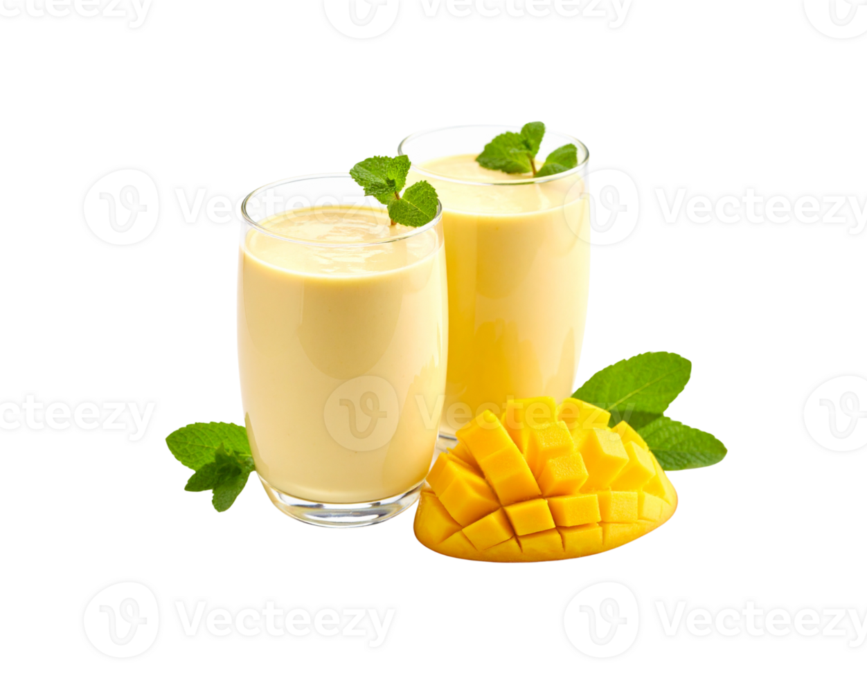 Two Glasses of Mango Smoothie with Mint and Fresh Mango Chunks. png