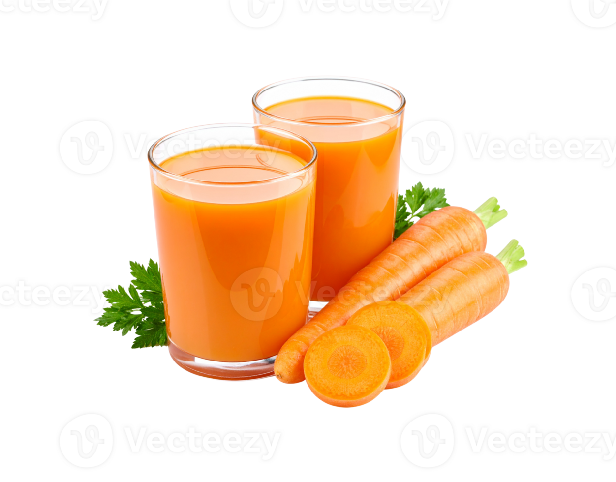 Fresh Carrot Juice in Glass Cups with Whole and Sliced Carrots. png