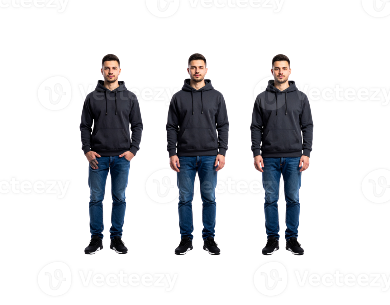 Three Men Wearing Gray Hoodies and Blue Jeans on White Background. png