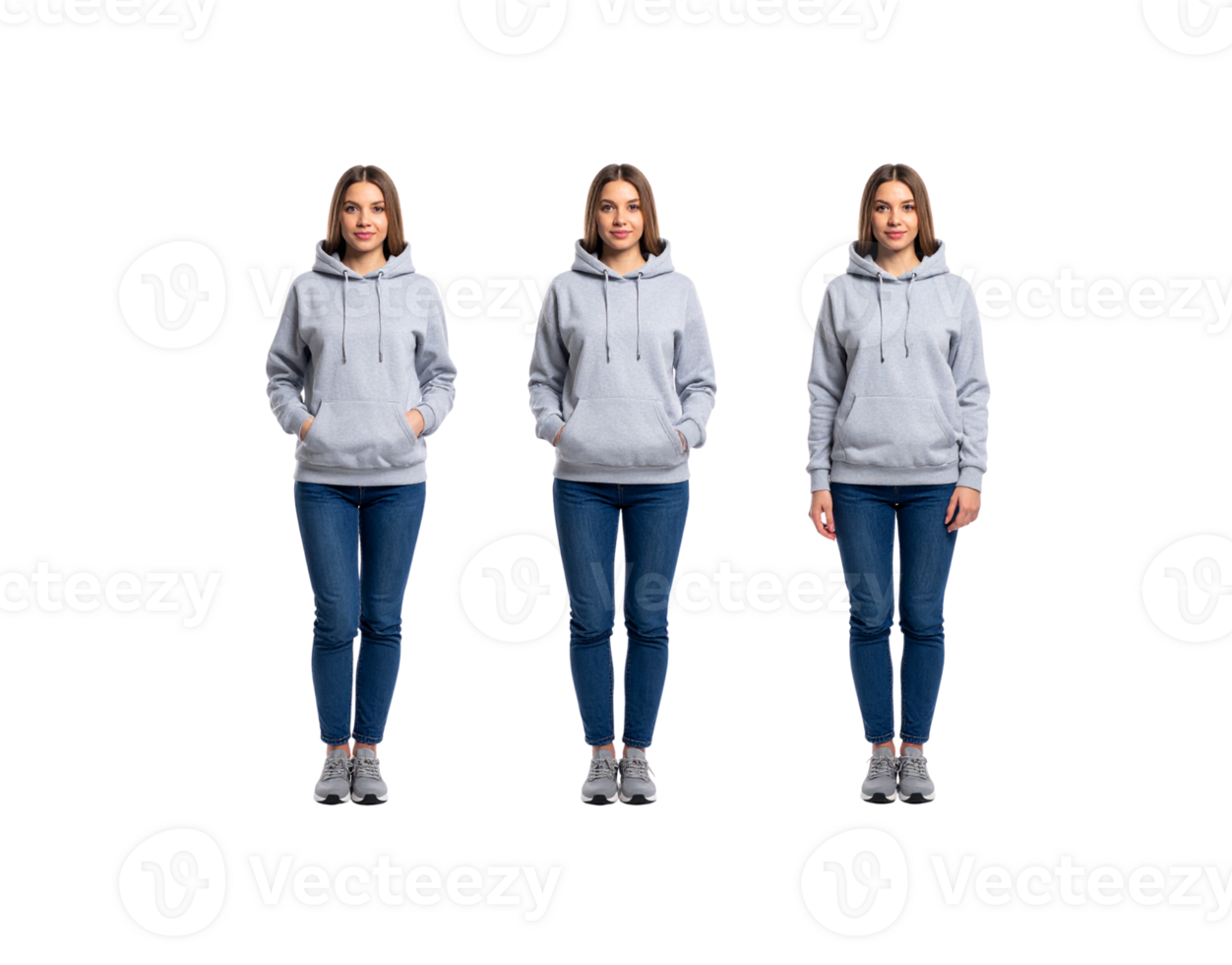 Three Women in Gray Hoodies and Jeans Standing Straight. png