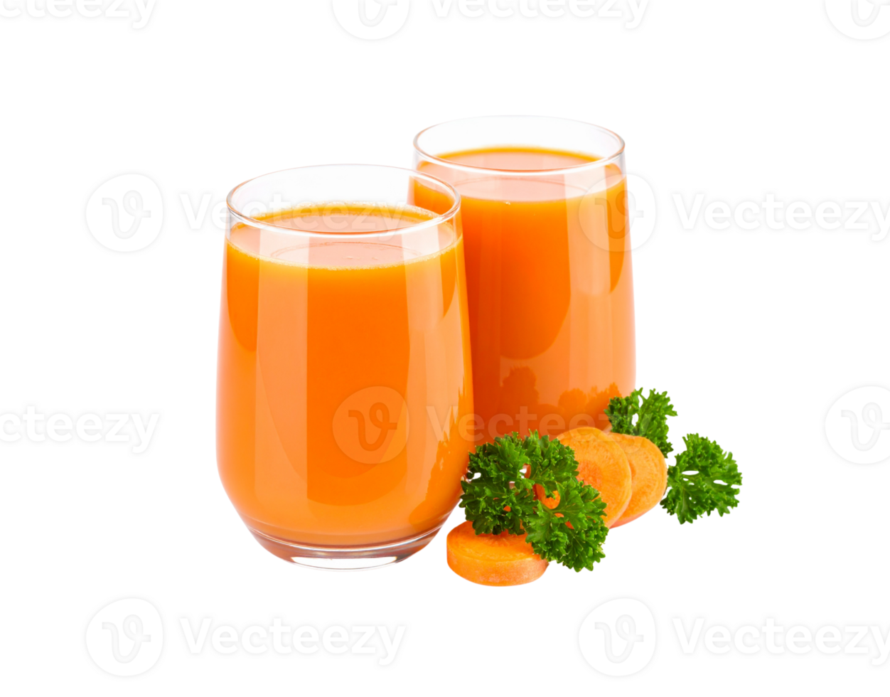 Two Glasses of Fresh Carrot Juice with Parsley Garnish. png