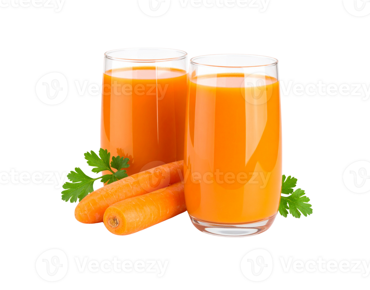 Two Glasses of Fresh Carrot Juice with Raw Carrots and Parsley. png