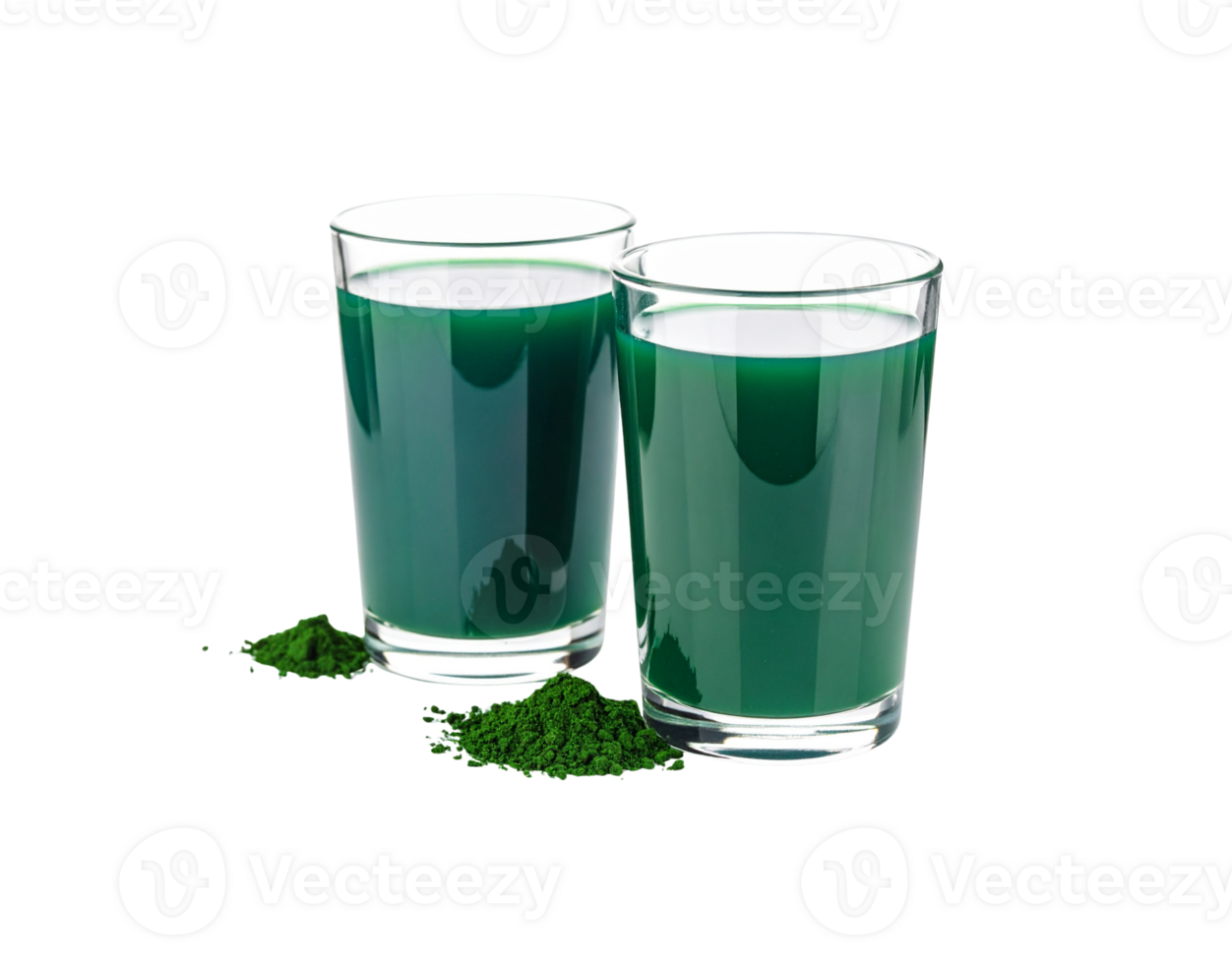 Two Glasses of Green Spirulina Drink with Spirulina Powder Piles. png