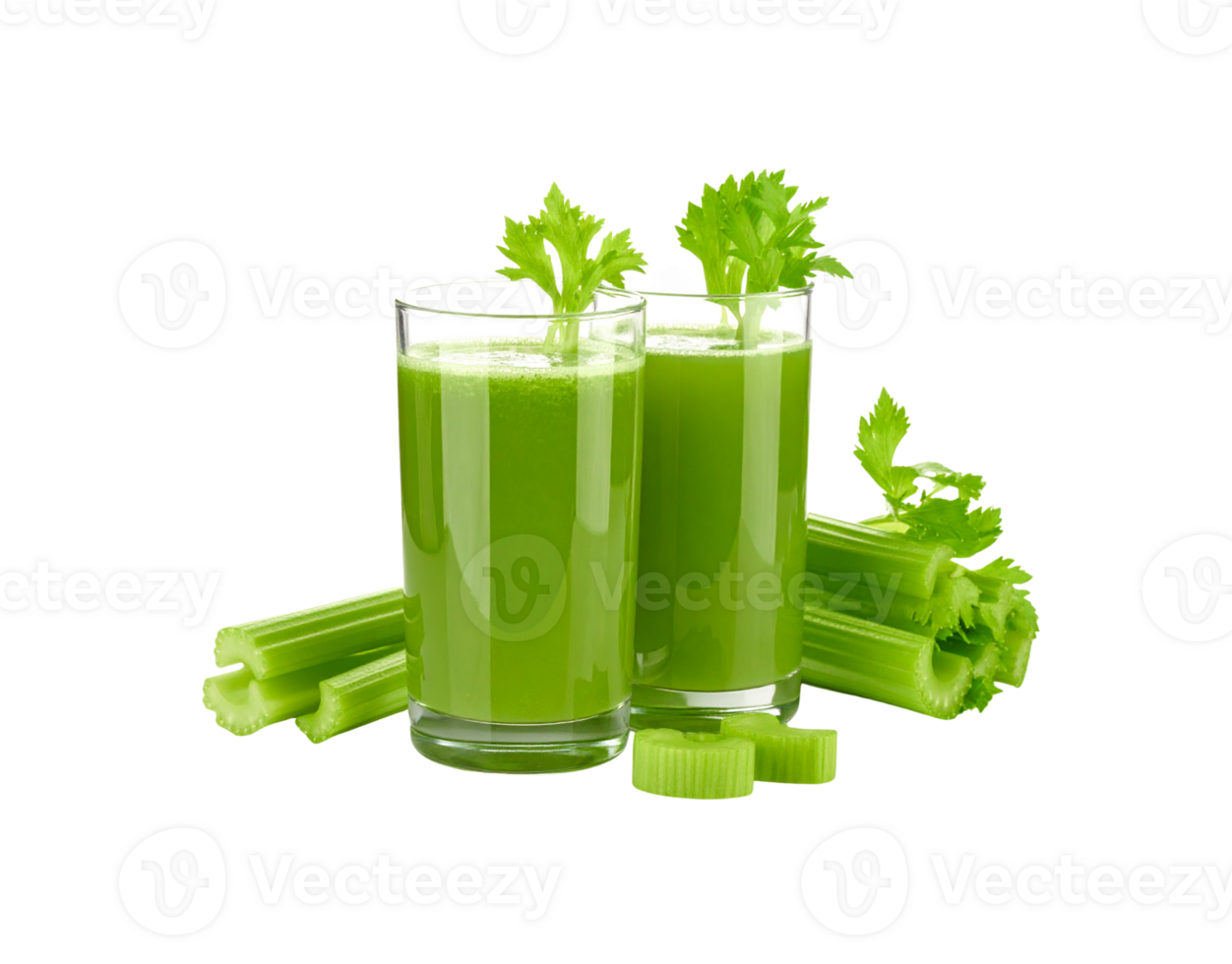 Two Glasses of Fresh Celery Juice with Celery Stalks and Leaves. png
