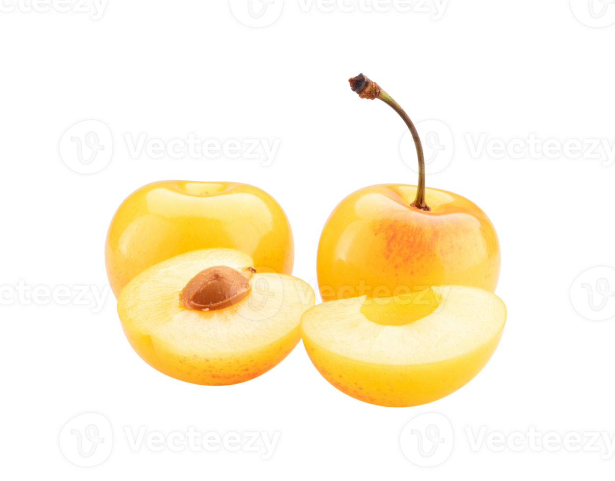 Fresh Yellow Rainier Cherries with Stem and Sliced Halves Displayed. png