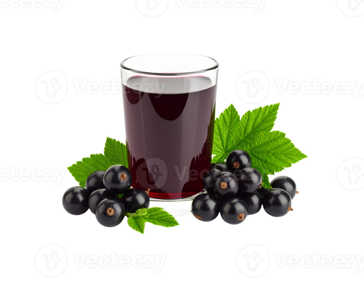 Glass of Blackcurrant Juice with Fresh Berries and Green Leaves. png