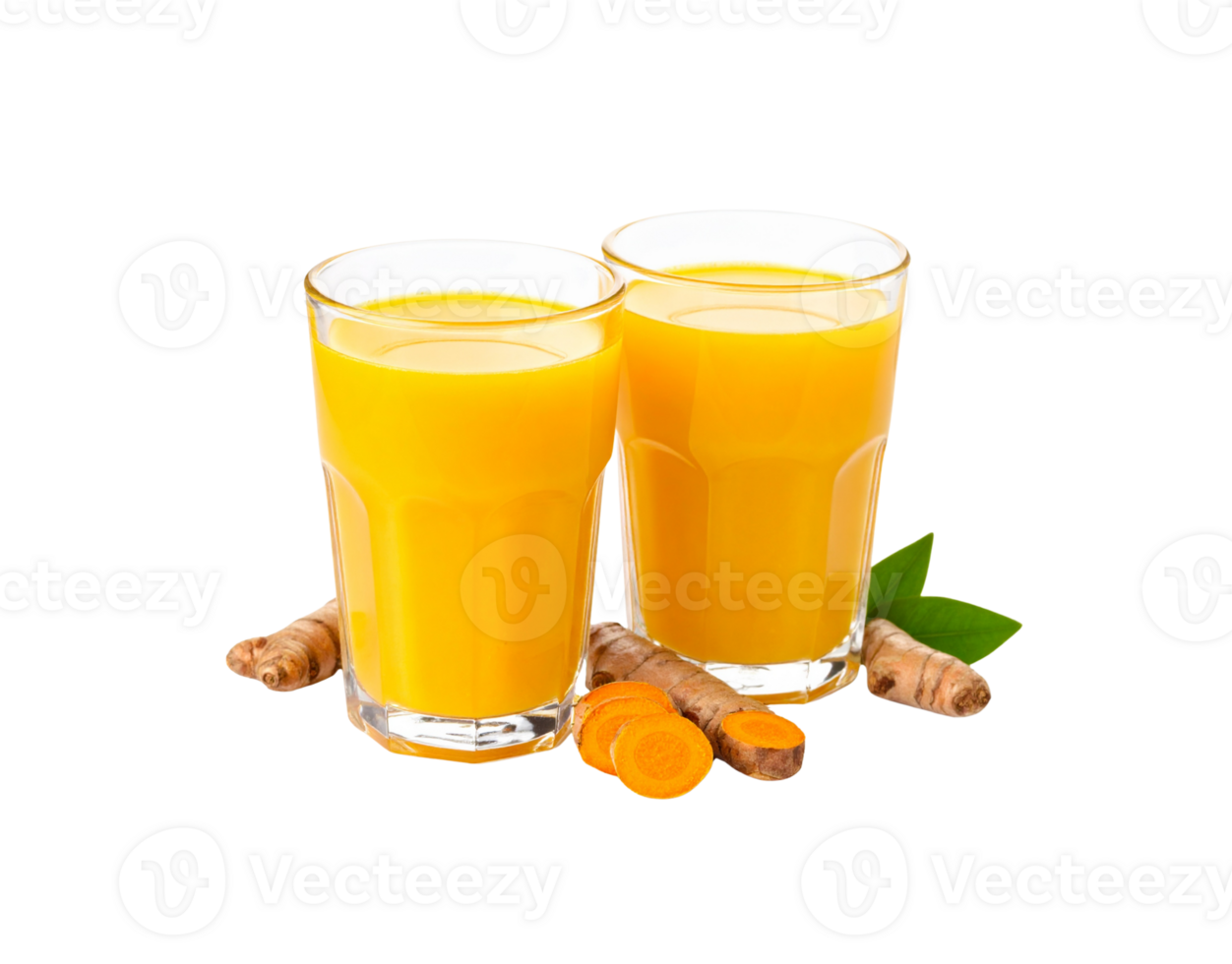 Two Glasses of Vibrant Turmeric Juice with Fresh Root Slices. png