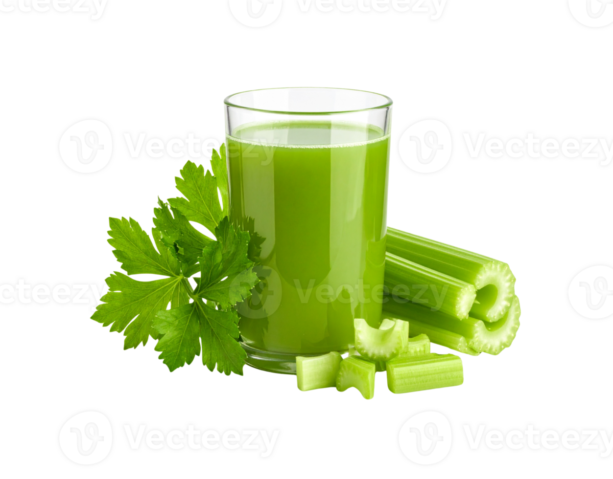 Fresh Celery Juice in Glass with Stalks and Leafy Green Garnish. png