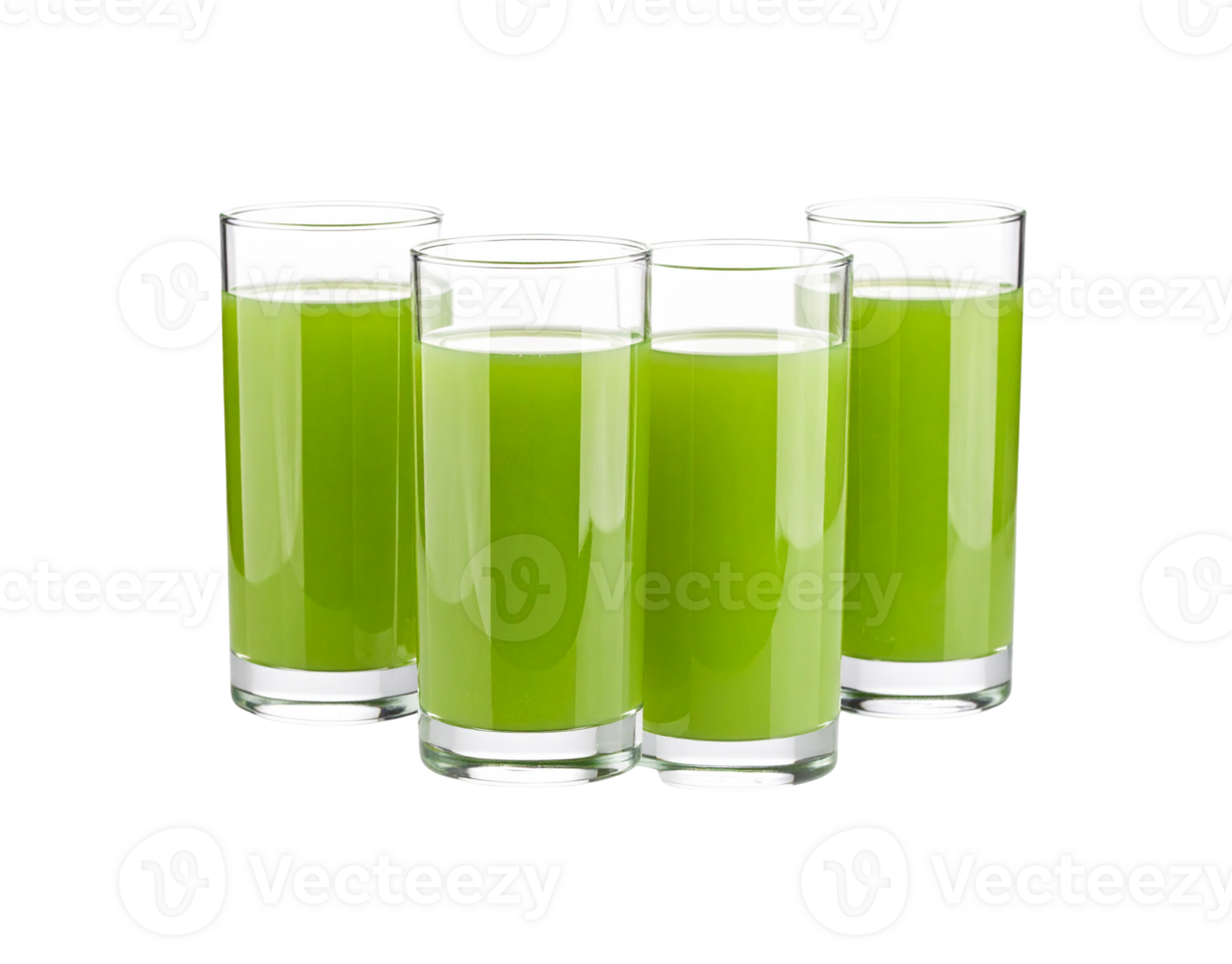Four Clear Glasses Filled with Vibrant Green Juice on Display. png