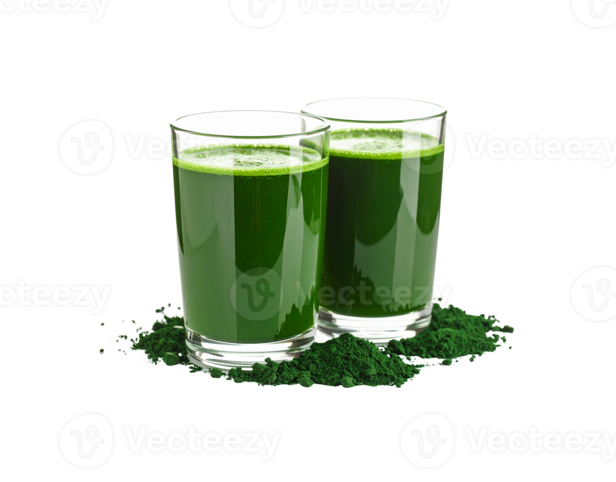Two Glasses of Vibrant Green Spirulina Smoothie with Powder Pile. png