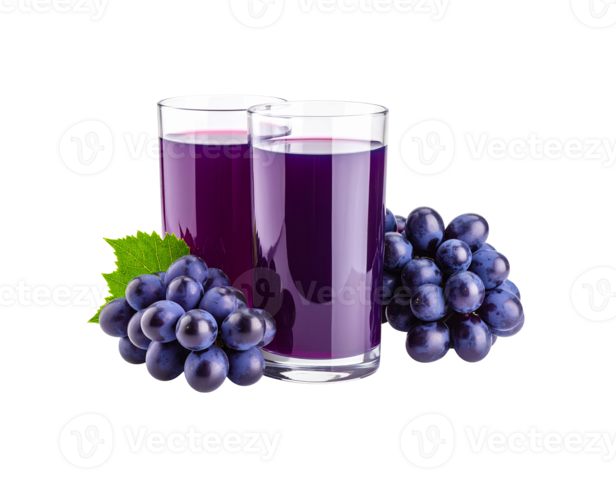 Two Glasses of Purple Grape Juice with Fresh Grapes and Leaf. png