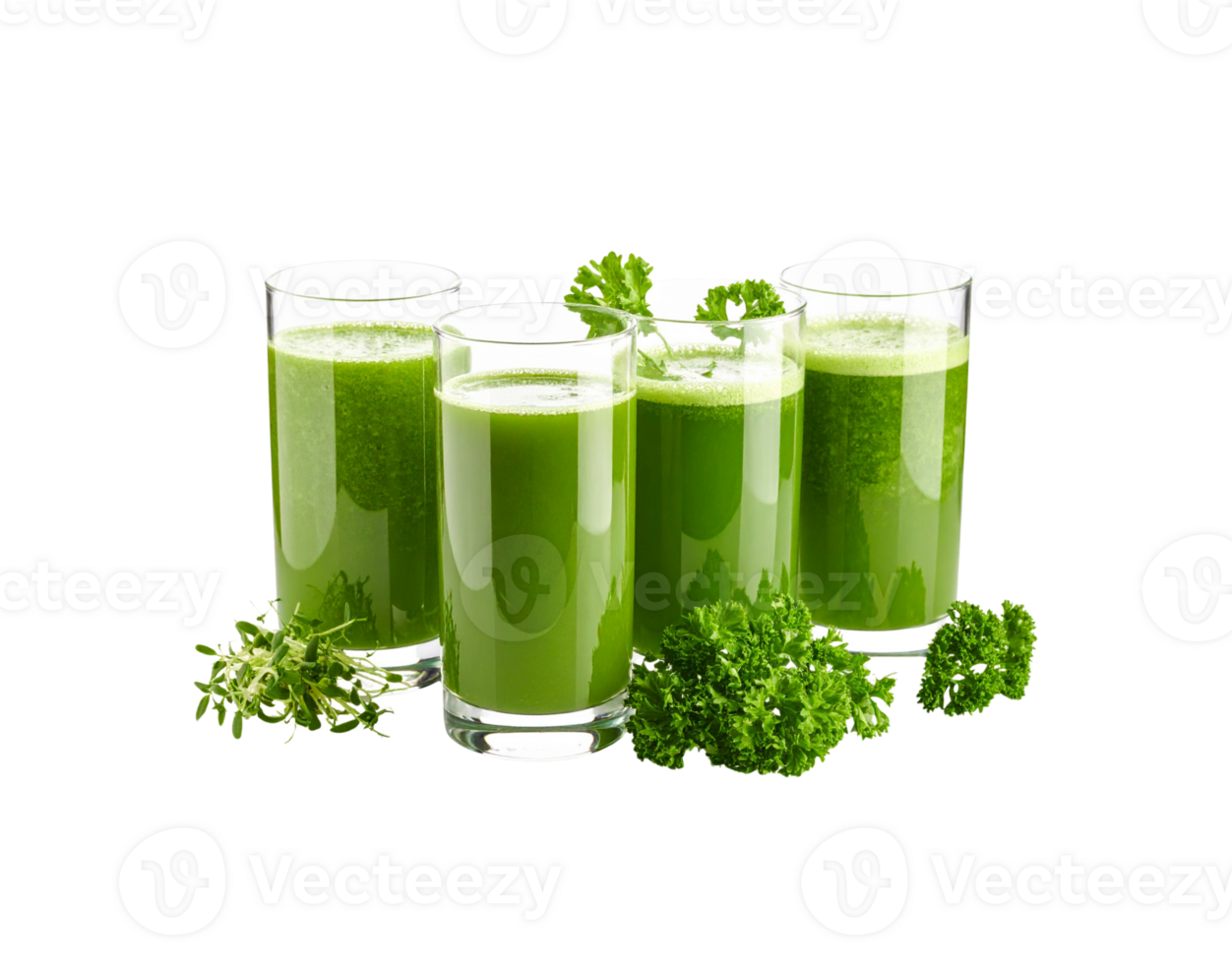 Four Glasses of Fresh Green Smoothie with Herbs and Parsley Garnish. png