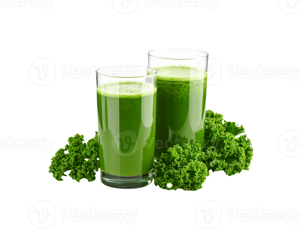 Two Glasses of Vibrant Green Kale Smoothie with Frothy Texture. png