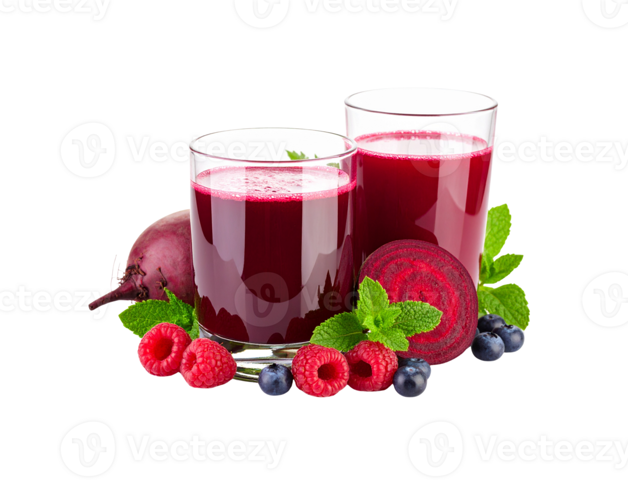 Two Glasses of Deep Red Beet Juice with Berries and Mint. png