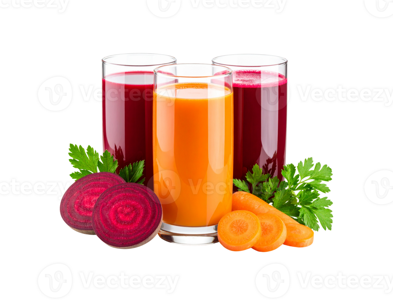 Freshly Squeezed Beet and Carrot Juice in Clear Glass with Vegetables. png