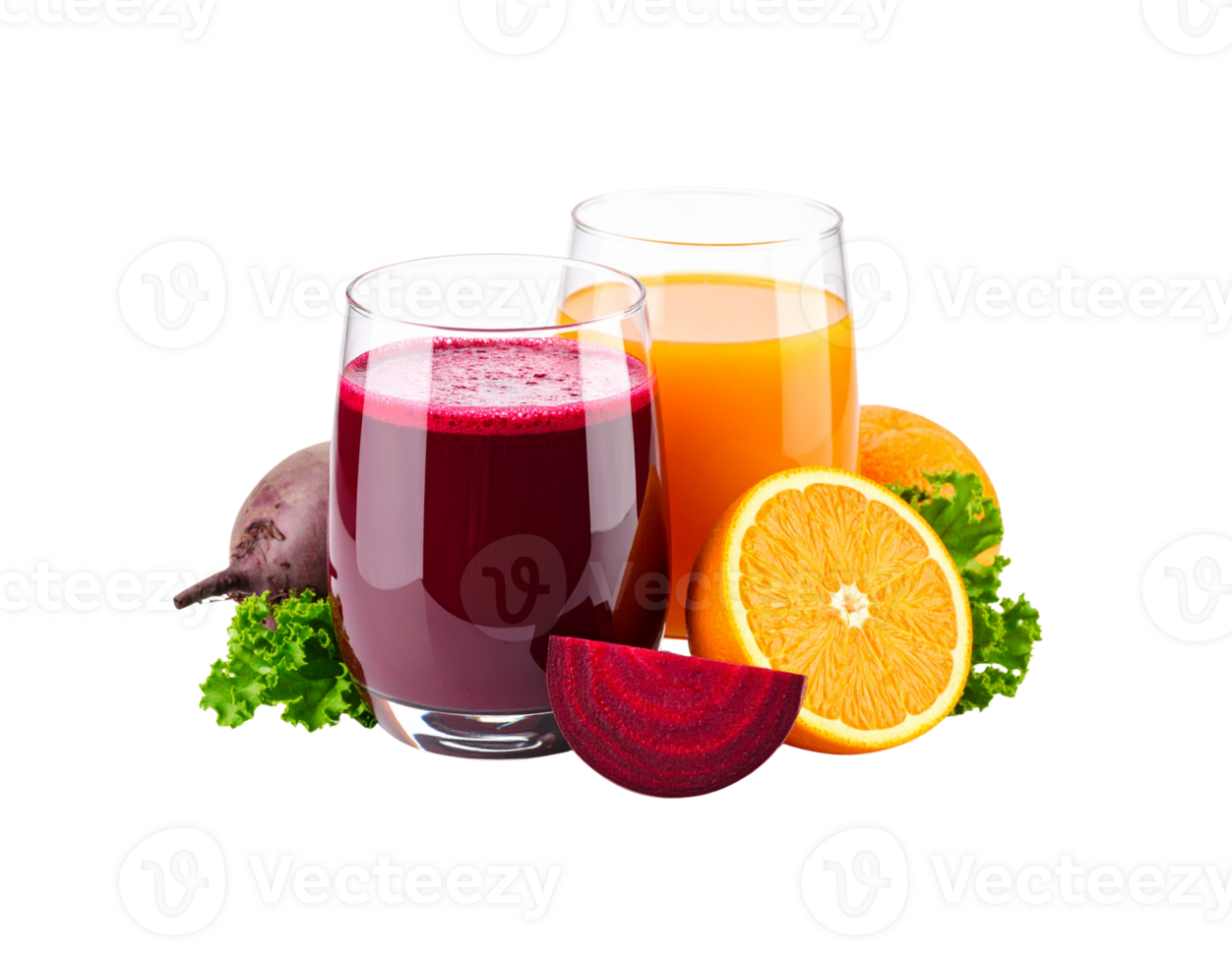 Fresh Beet and Orange Juice in Clear Glasses with Fruit Slices. png