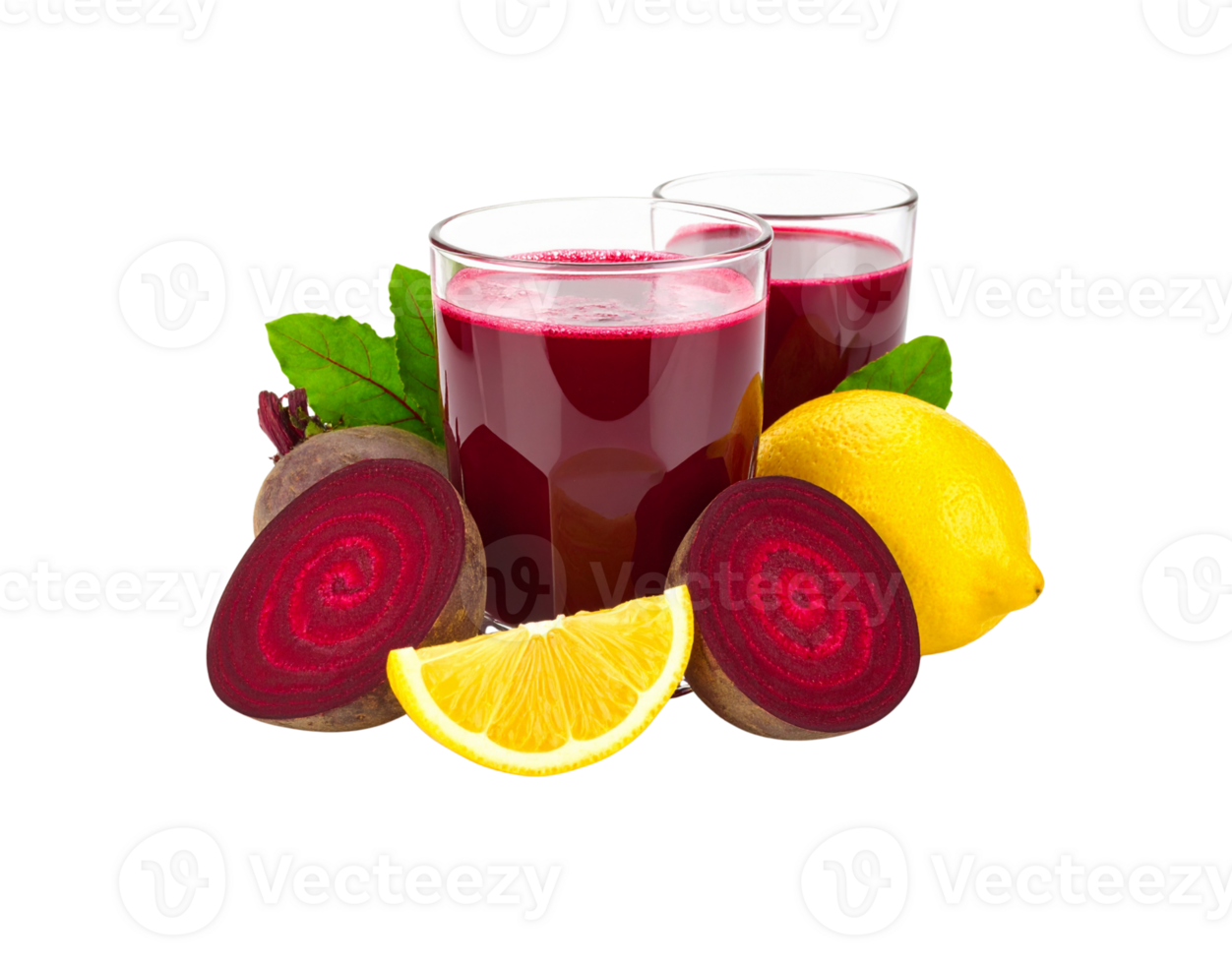 Fresh Beet Juice in Glasses with Beets and Lemon Arrangement. png