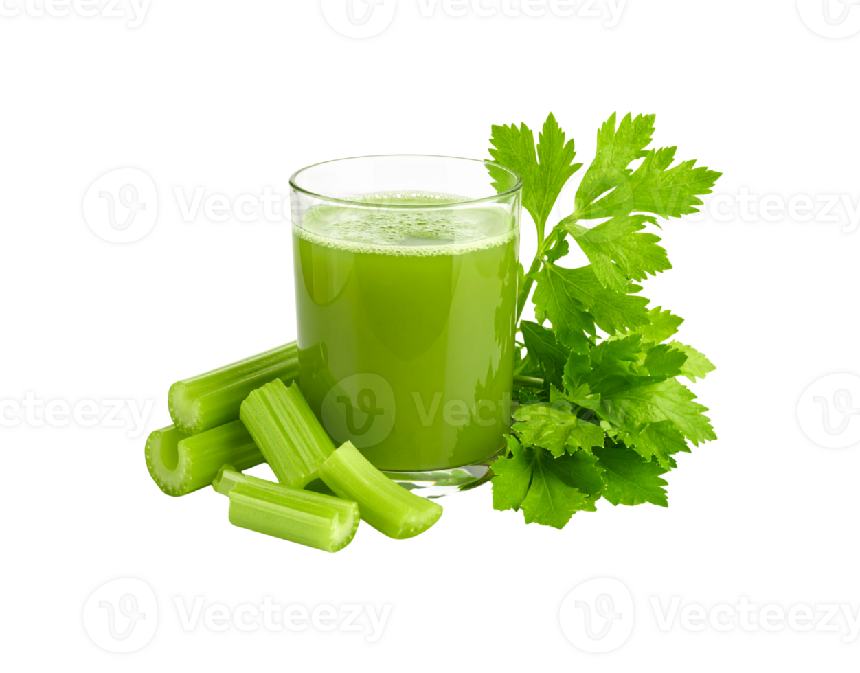 Fresh Celery Juice in Glass with Stalks and Leaves Arrangement. png