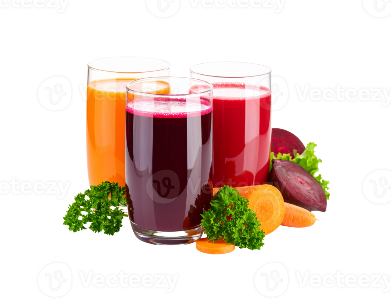Three Glasses of Freshly Squeezed Vegetable Juices with Vibrant Colors. png