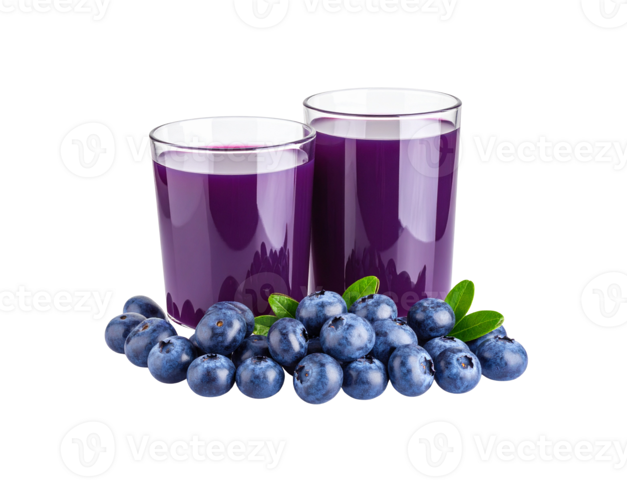 Two Glasses of Vibrant Blueberry Juice with Fresh Berries and Leaves. png