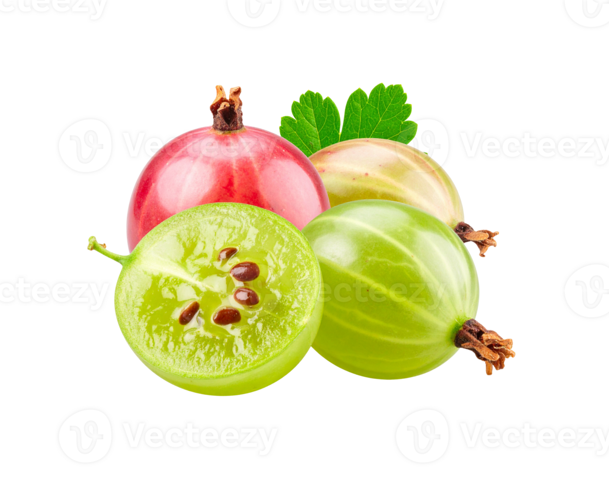 Fresh Gooseberries Red Green and Halved with Seeds Leaf Detail. png