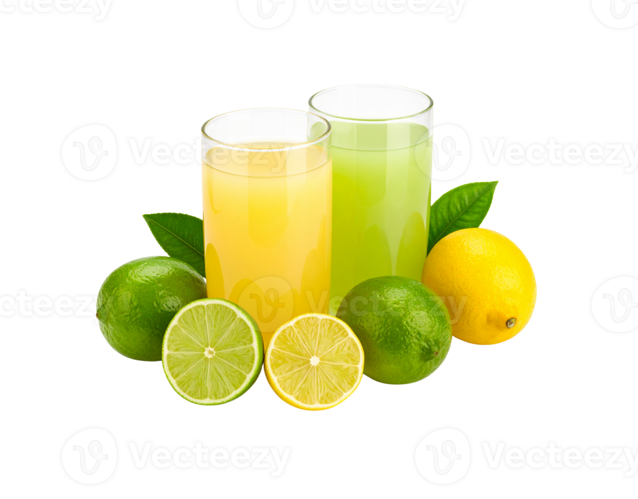 Refreshing Citrus Juices in Clear Glasses with Fresh Limes and Lemon. png