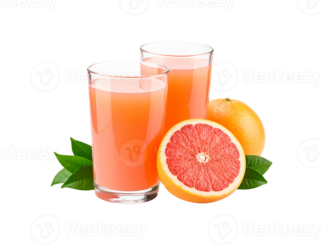 Refreshing Grapefruit Juice in Glasses with Fresh Fruit and Leaves. png