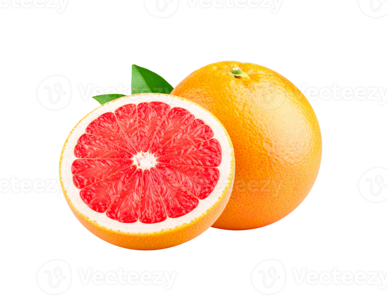 Fresh Grapefruit Duo Whole and Half with Vibrant Pink Segments. png
