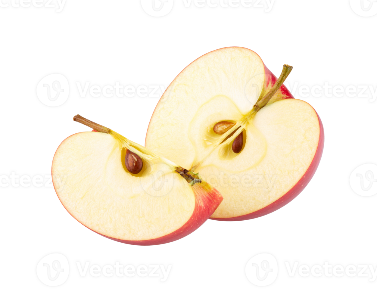 Sliced Red Apple Halves with Seeds and Stem Detail. png