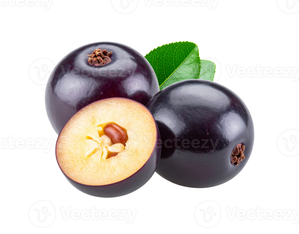 Jabuticaba Fruits Whole Halved and Leafy Garnish Glossy Purple Skin. png