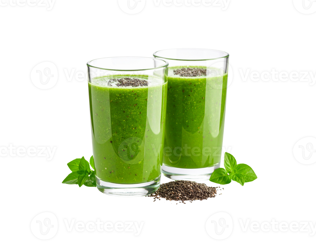 Two Glasses of Vibrant Green Smoothie with Chia Seeds and Basil. png