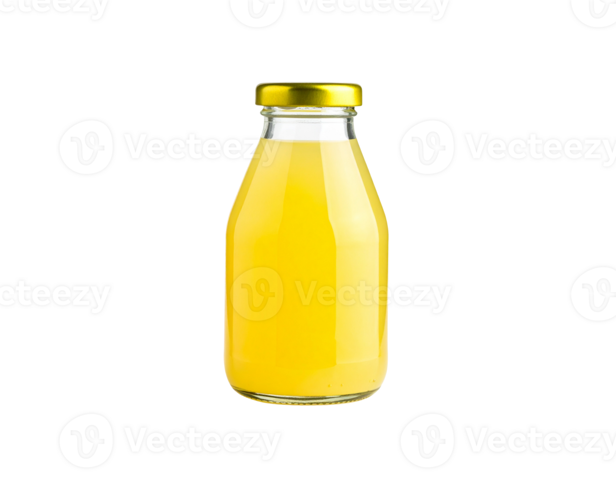 Glass Bottle Filled with Bright Yellow Juice and Golden Cap. png