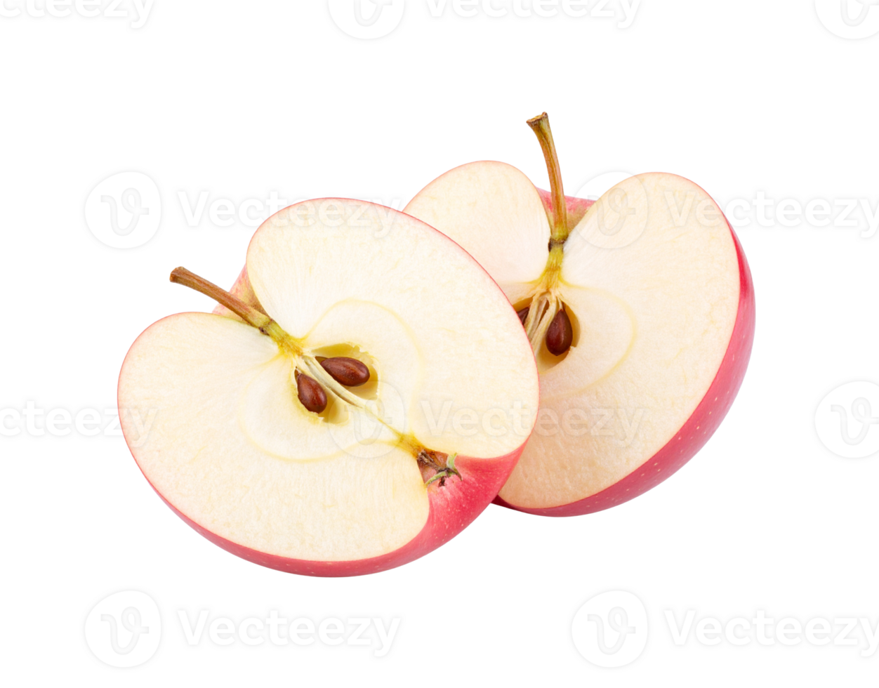 Two Halved Red Apples with Seeds and Stems CloseUp. png